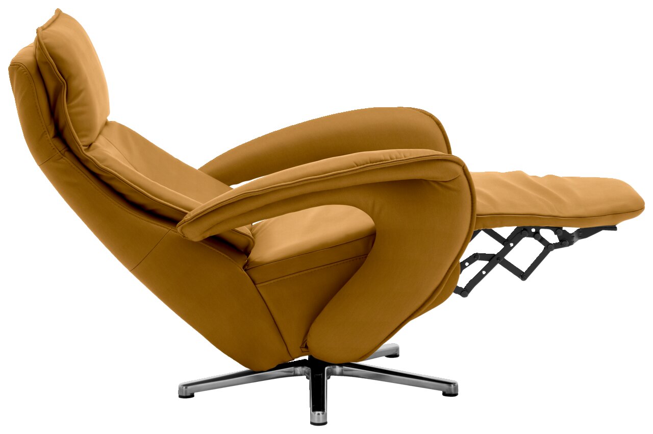 Seitliche Ansicht eines braunen Relax-Sessels mit ausgeklappter Fußstütze und modernem Design.