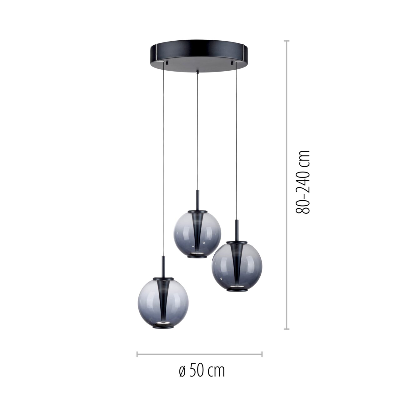 Moderne LED-Pendelleuchte mit drei kugelförmigen, rauchgrauen Glaskörpern, von oben betrachtet.