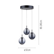 Moderne LED-Pendelleuchte mit drei kugelförmigen, rauchgrauen Glaskörpern, von oben betrachtet.