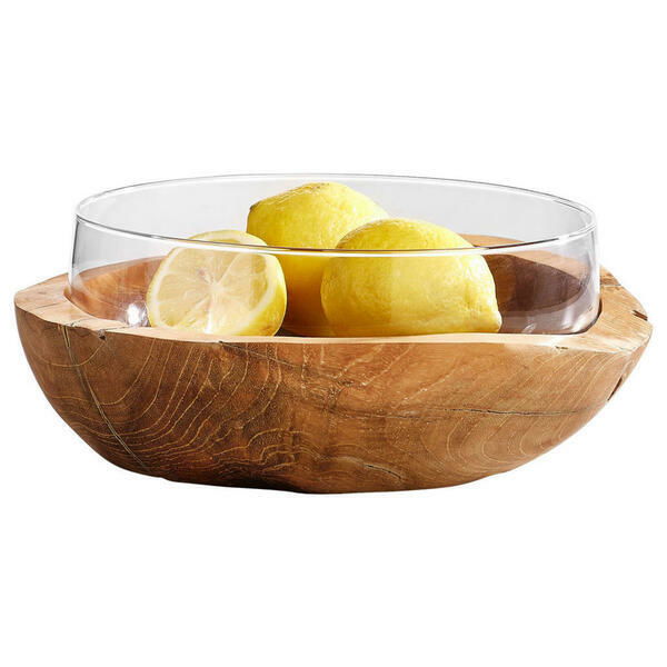 Leonardo Schale 28 mit Teak TOSCANA Schale aus Teakholz mit Glasaufsatz, gefüllt mit Zitronen, seitliche Perspektive