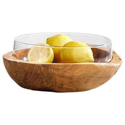 Schale aus Teakholz mit Glasaufsatz, gefüllt mit Zitronen, seitliche Perspektive
