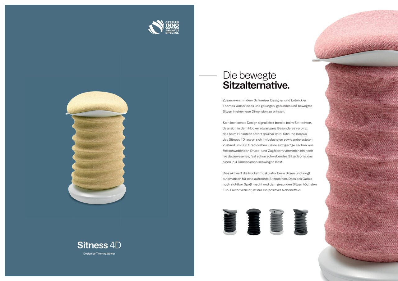 Aktiv-Sitz in seitlicher Perspektive, modernes Design mit wellenförmiger Struktur, erhältlich in verschiedenen Farben.
