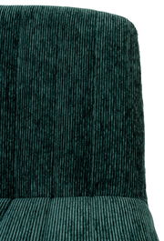 Nahaufnahme eines Sessels mit grünem, geripptem Stoffbezug, Vorderansicht