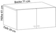 Technische Zeichnung eines zweitürigen Hängeschranks in perspektivischer 3D-Ansicht von vorne links, Maße: Breite 71 cm, Höhe 41 cm, Tiefe 39 cm.