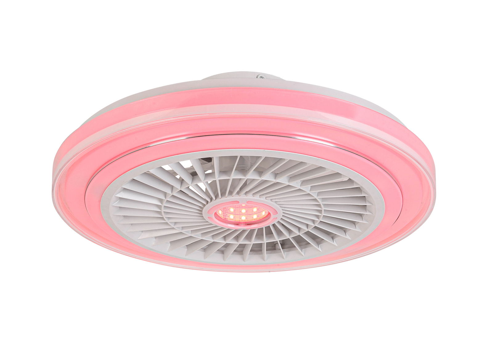 Rosa Deckenventilator mit integriertem LED-Licht, seitliche Perspektive