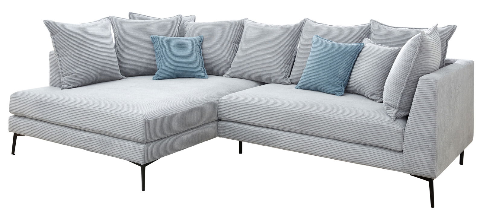 Stylife Ecksofa ANA Graue Eckgarnitur mit blauen Kissen, seitliche Perspektive