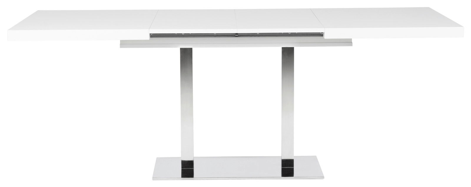 Moderner weißer Esstisch mit ausziehbarer Tischplatte und verchromtem Metallgestell, frontal betrachtet.