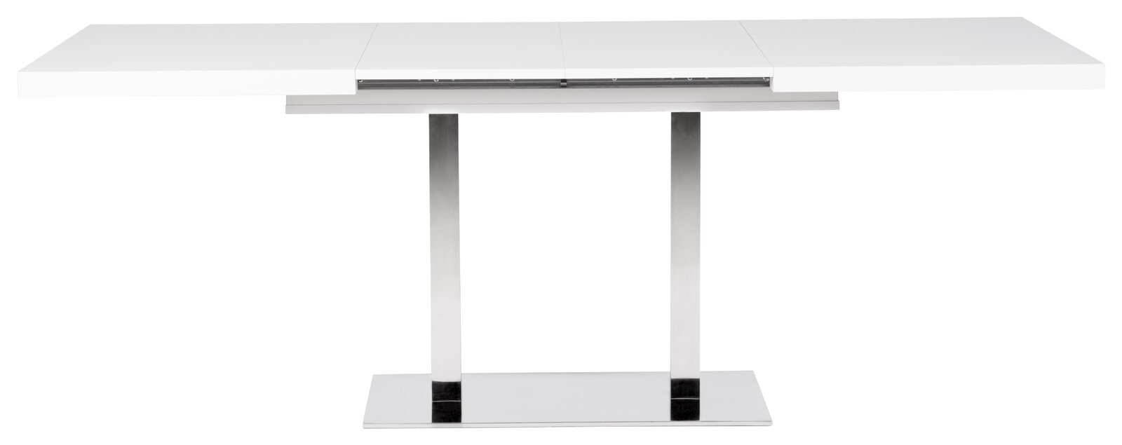 Moderner weißer Esstisch mit ausziehbarer Tischplatte und verchromtem Metallgestell, frontal betrachtet.