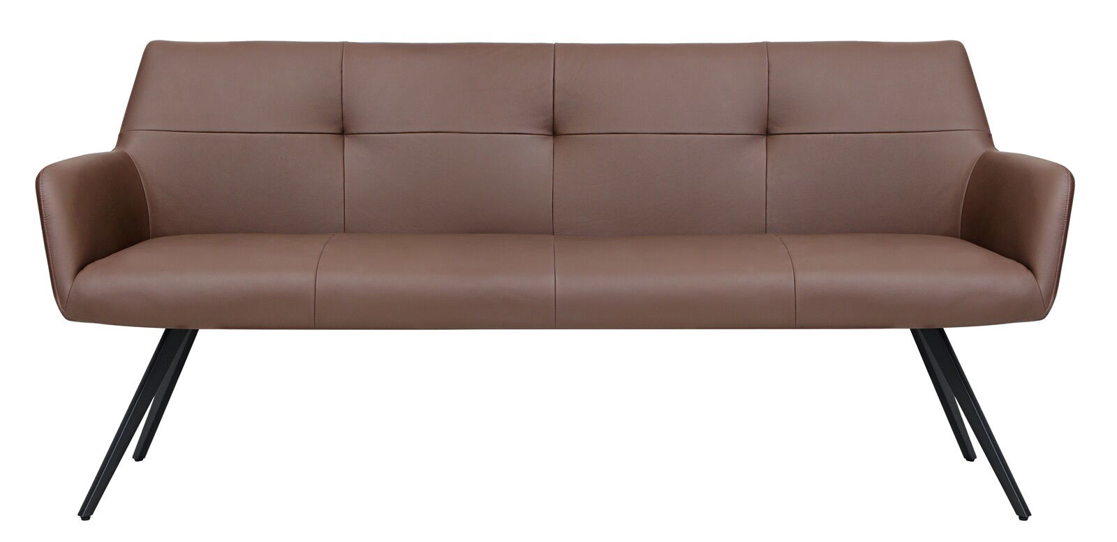 Braune Bank mit modernem Design und schwarzen Metallbeinen, Frontalansicht