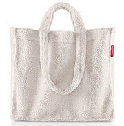 Weiße, flauschige Einkaufstasche aus Stoff mit zwei Henkeln, Vorderansicht