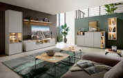 Modern woonkamermeubelprogramma in lichtgrijs met houten accenten, bestaande uit een tv-meubel, hoge kast, dressoir en verlichte vitrinekasten, getoond in vooraanzicht vanuit een licht verhoogd perspectief.