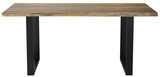 Moderner Gartentisch mit Holzplatte und schwarzen Metallbeinen, Frontalansicht.