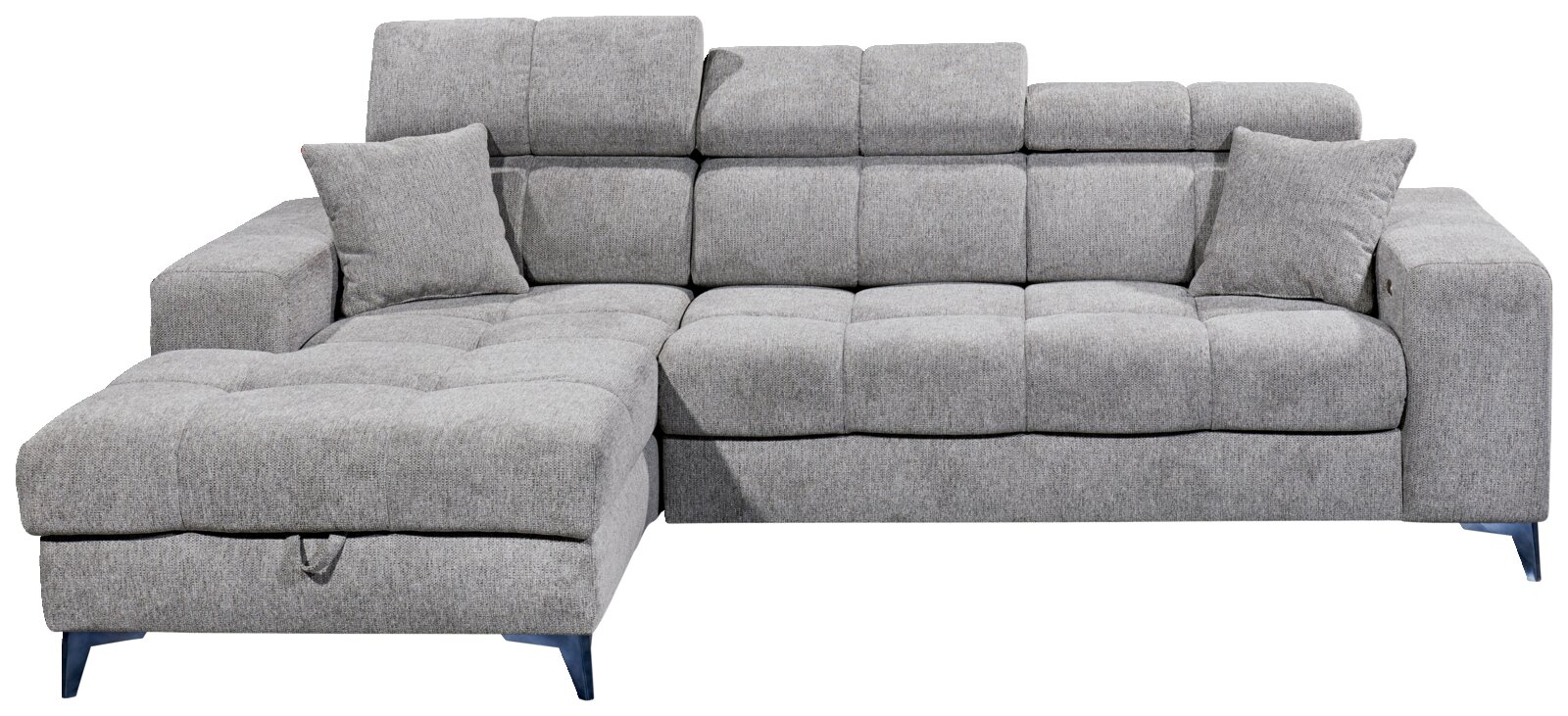 Graues Ecksofa mit zwei Kissen, Vorderansicht