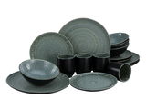 Kombiservice Villa Romana Stei in einer frontalen Perspektive, bestehend aus Tellern, Schalen und Bechern mit einem eleganten, strukturierten Design in Grün- und Schwarztönen.