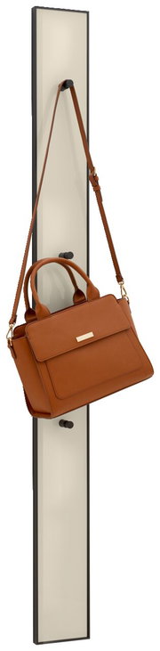 Paneel-Leiste mit zwei Haken, an denen eine braune Tasche hängt, seitliche Perspektive