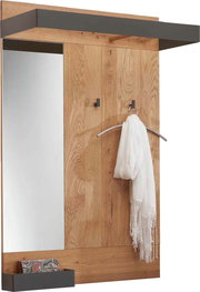 Garderobenpaneel aus Holz mit Spiegel, zwei Haken und Ablage, seitliche Perspektive