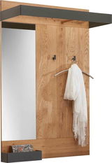 Garderobenpaneel aus Holz mit Spiegel, zwei Haken und Ablage, seitliche Perspektive