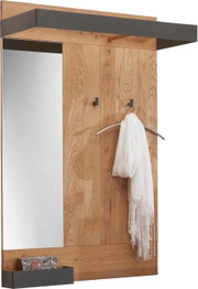 Houten garderobepaneel met spiegel, twee haken en een plank, zijaanzicht