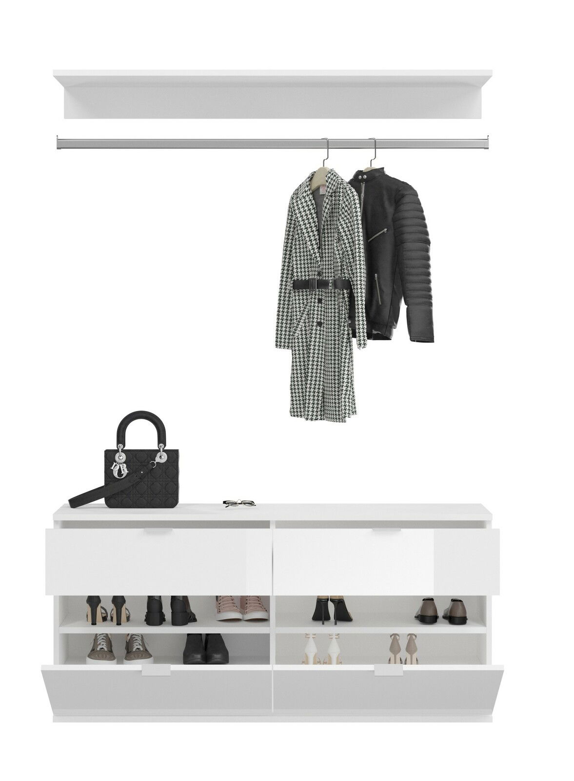 Weiße Garderobenkombination mit Hängestange und Schuhschrank, frontal betrachtet. Inklusive hängender Mäntel und Schuhe.