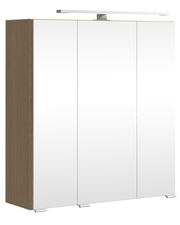 Moderner Spiegelschrank mit drei Türen und integrierter Beleuchtung, seitliche Holzoptik, Frontalansicht