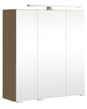 Moderner Spiegelschrank mit drei Türen und integrierter Beleuchtung, seitliche Holzoptik, Frontalansicht