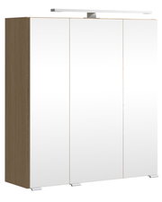 Moderner Spiegelschrank mit drei Türen und integrierter Beleuchtung, seitliche Holzoptik, Frontalansicht