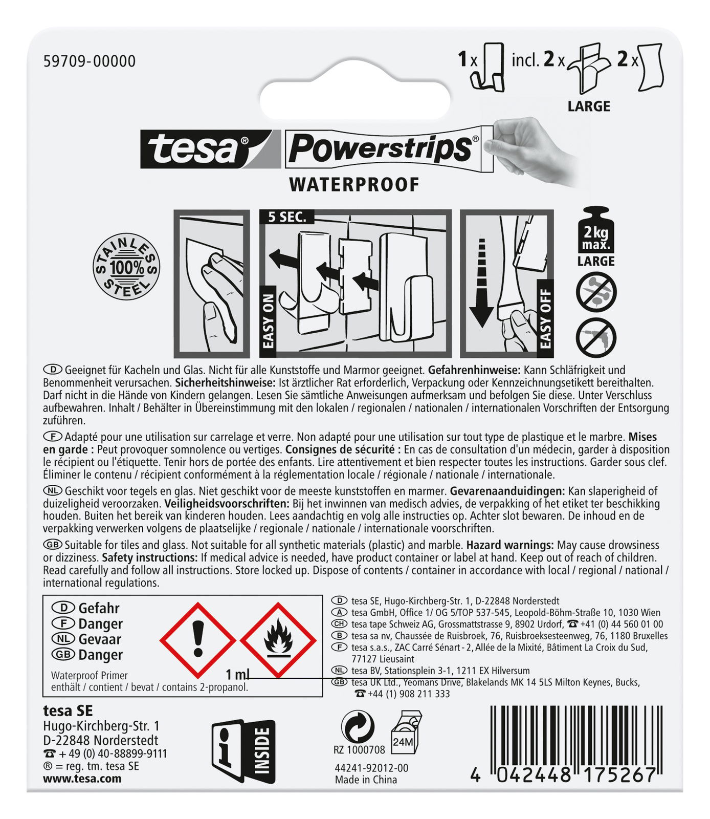 Rückseite der Verpackung von tesa Powerstrips Waterproof, zeigt Anweisungen zur Anwendung und Sicherheitsinformationen.