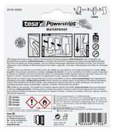 Rückseite der Verpackung von tesa Powerstrips Waterproof, zeigt Anweisungen zur Anwendung und Sicherheitsinformationen.