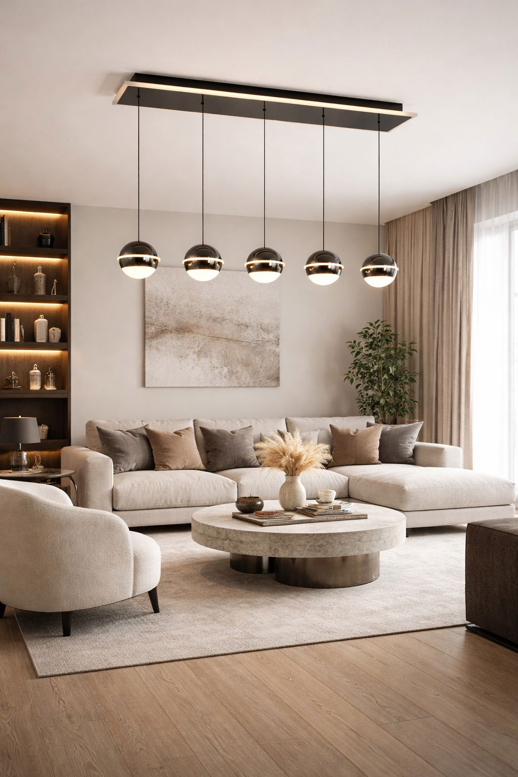Moderne LED-Pendelleuchte mit fünf kugelförmigen Lampen, hängend über einem stilvoll eingerichteten Wohnzimmer mit bequemen Sofas und einem runden Couchtisch. Perspektive von unten, die die elegante Anordnung der Leuchte betont.