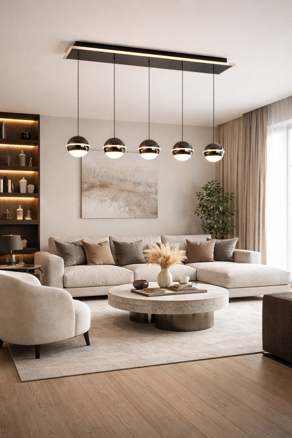 Moderne LED-hanglamp met vijf bolvormige lampen, hangend boven een stijlvol ingerichte woonkamer met comfortabele banken en een ronde salontafel. Een perspectief van onderaf dat de elegante opstelling van de lamp benadrukt.