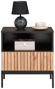 Nachtkommode mit schwarzer Tischlampe und Tasse, Frontansicht