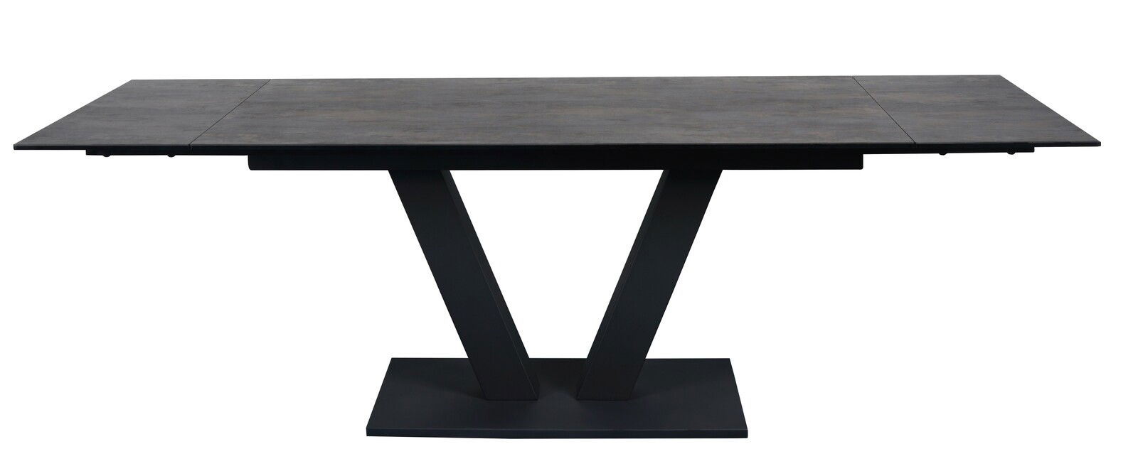 Moderner Esstisch mit dunkler Tischplatte und V-förmigem Gestell, seitliche Perspektive