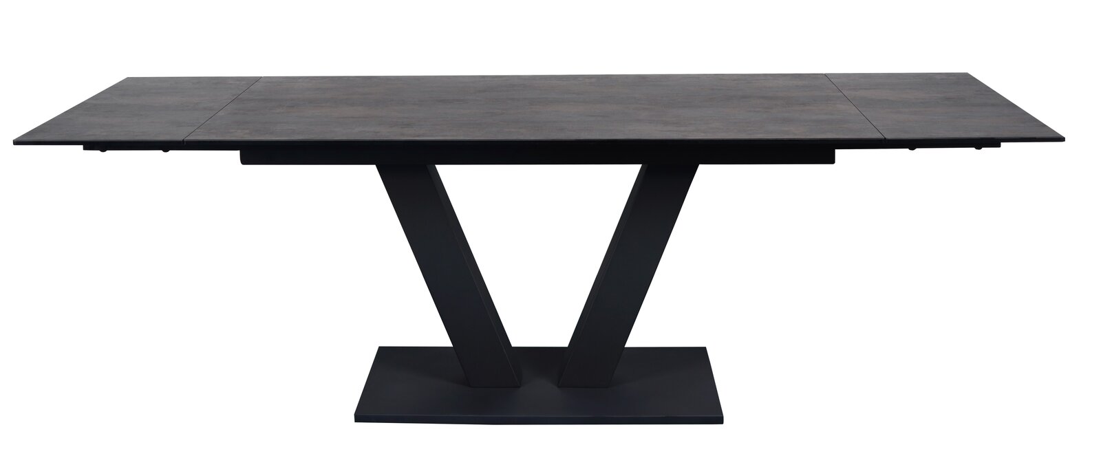 Moderner Esstisch mit dunkler Tischplatte und V-förmigem Gestell, seitliche Perspektive