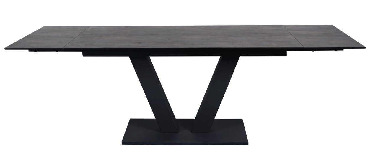 Moderner Esstisch mit dunkler Tischplatte und V-förmigem Gestell, seitliche Perspektive