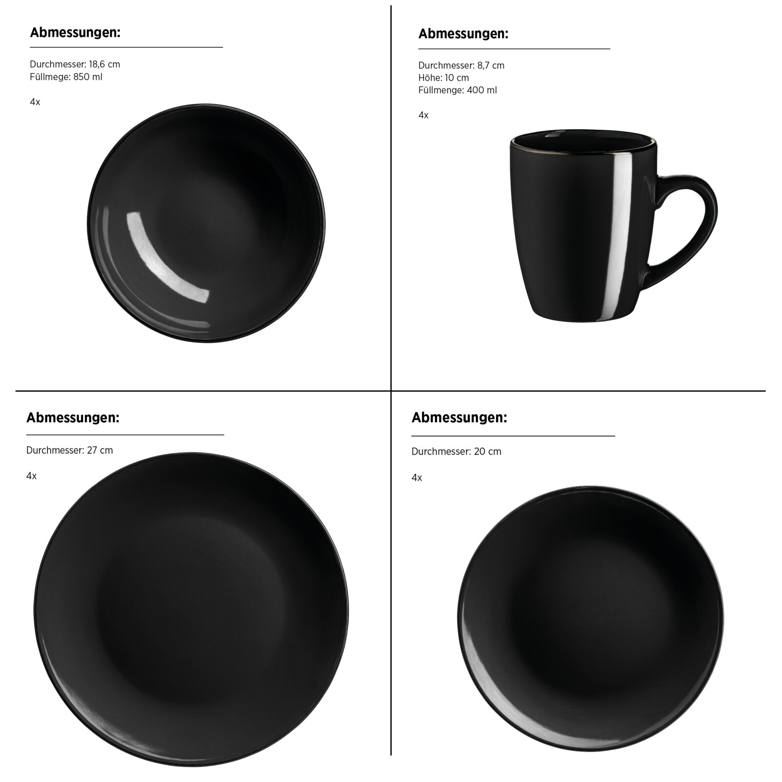 Schwarzes Geschirr-Set mit Tellern und Bechern, Produktansichten von oben (Teller) und seitlich (Becher) mit Maßangaben auf weißem Hintergrund