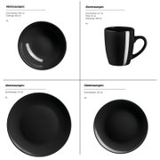 Schwarzes Geschirr-Set mit Tellern und Bechern, Produktansichten von oben (Teller) und seitlich (Becher) mit Maßangaben auf weißem Hintergrund