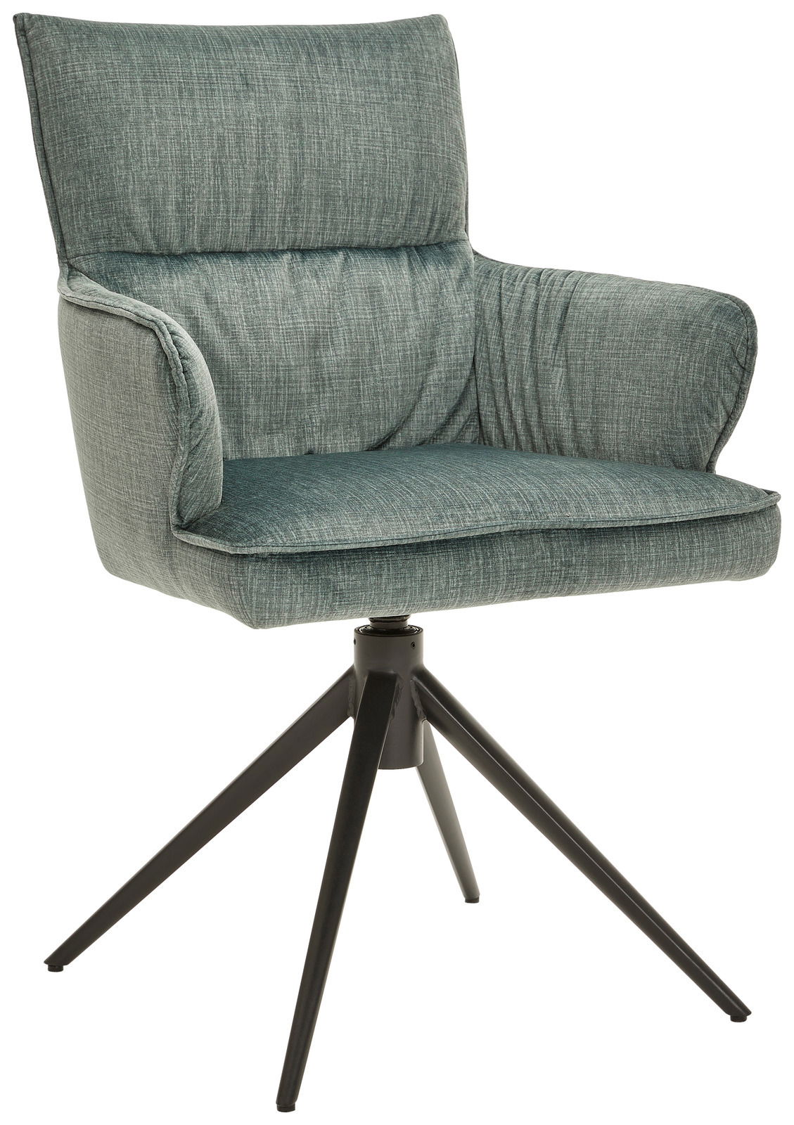 Dieter Knoll Armlehnstuhl AVELINO Grüner Armlehnstuhl mit gepolstertem Sitz und Rückenlehne, auf schwarzem Metallgestell, seitliche Perspektive