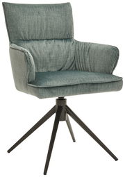 Grüner Armlehnstuhl mit gepolstertem Sitz und Rückenlehne, auf schwarzem Metallgestell, seitliche Perspektive