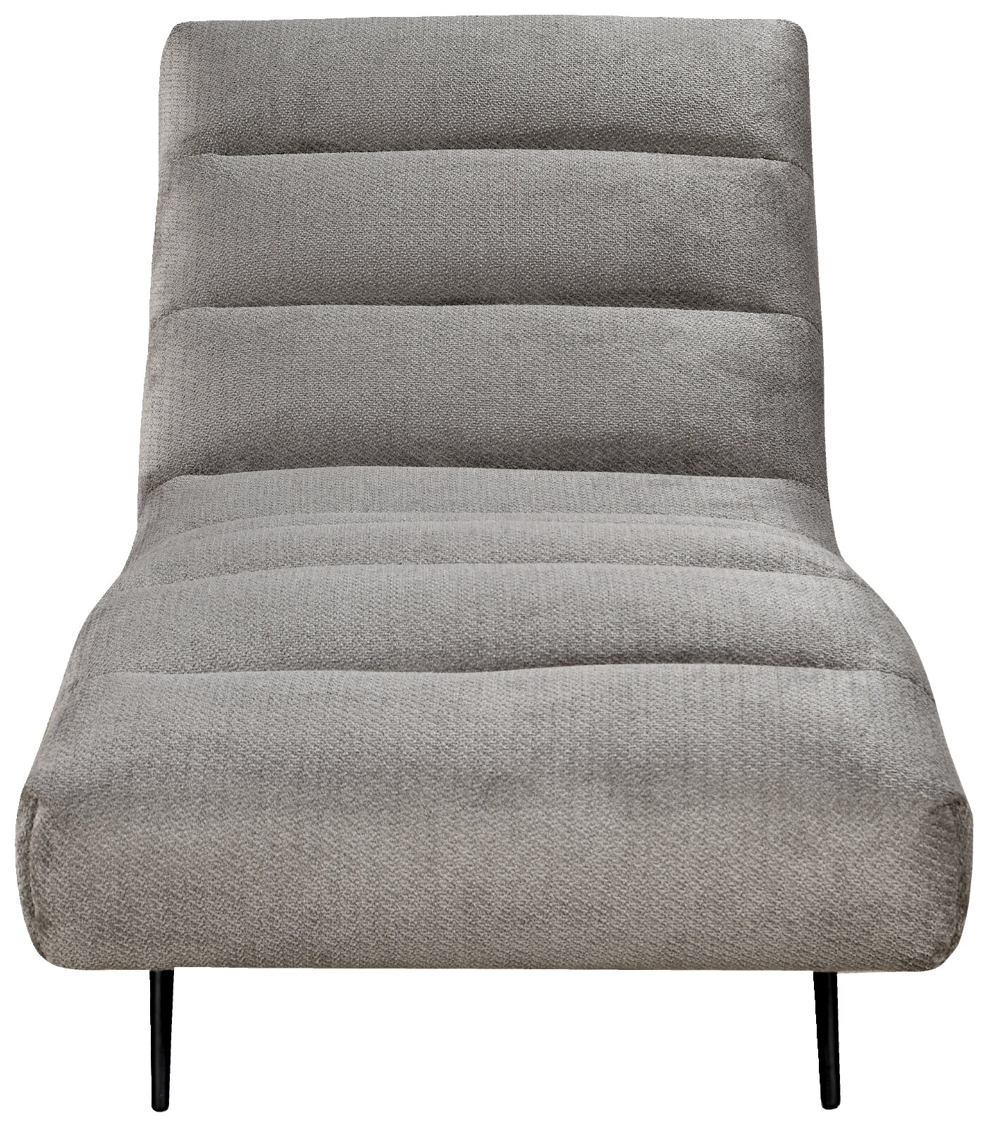 Moderner Polstersessel ohne Armlehnen mit grauem Strukturstoff, horizontal abgestepptem Sitz und schwarzem Metallgestell, frontal dargestellt