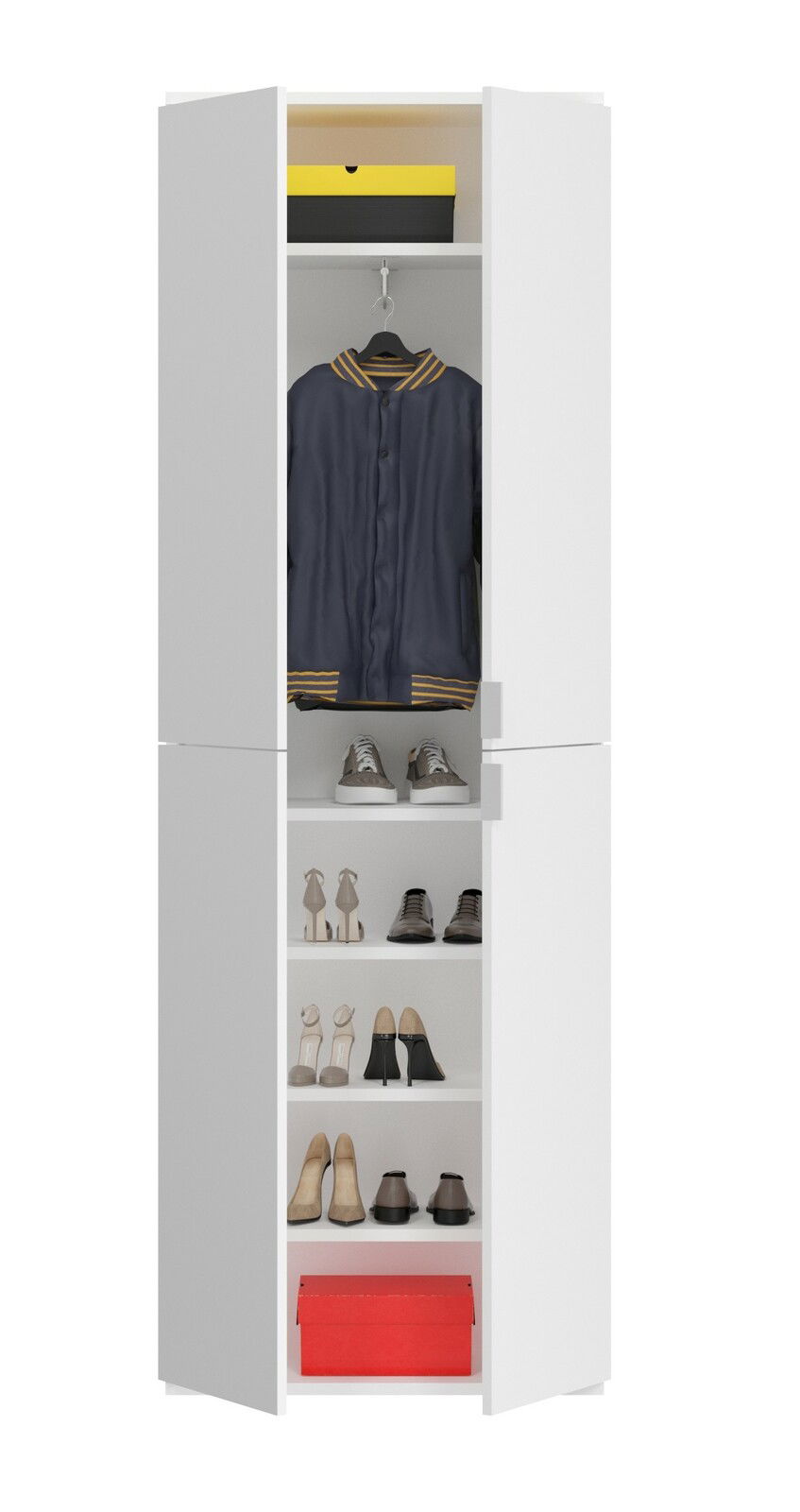 Weiße Garderobenkombination mit geöffneter Tür, zeigt Jacke, Schuhe und Aufbewahrungsboxen, frontale Ansicht.