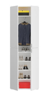 Weiße Garderobenkombination mit geöffneter Tür, zeigt Jacke, Schuhe und Aufbewahrungsboxen, frontale Ansicht.