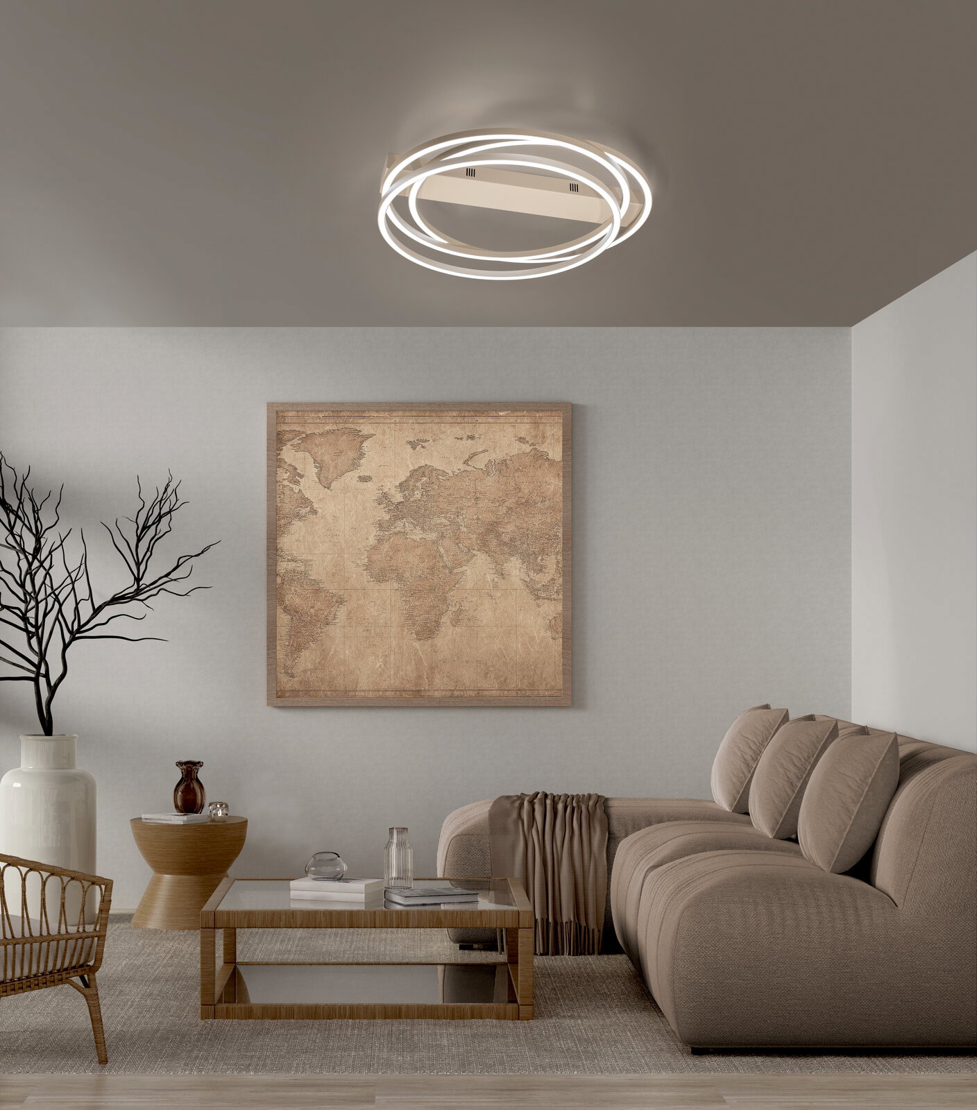 Moderne LED-Deckenleuchte mit drei leuchtenden Ringen in Weiß, an der Decke montiert, Ansicht von unten in einem Wohnzimmer über Sofa und Couchtisch