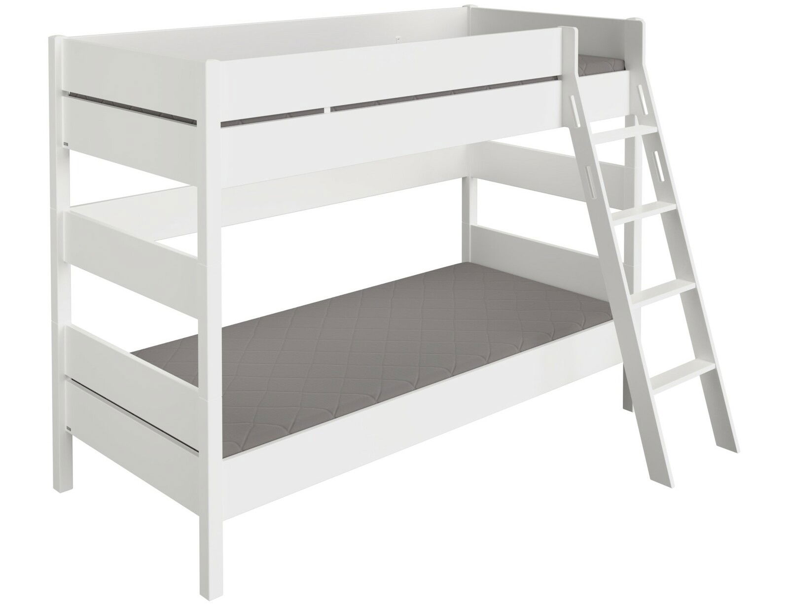 Weißes Etagenbett mit grauen Matratzen und seitlicher Leiter, seitliche Perspektive