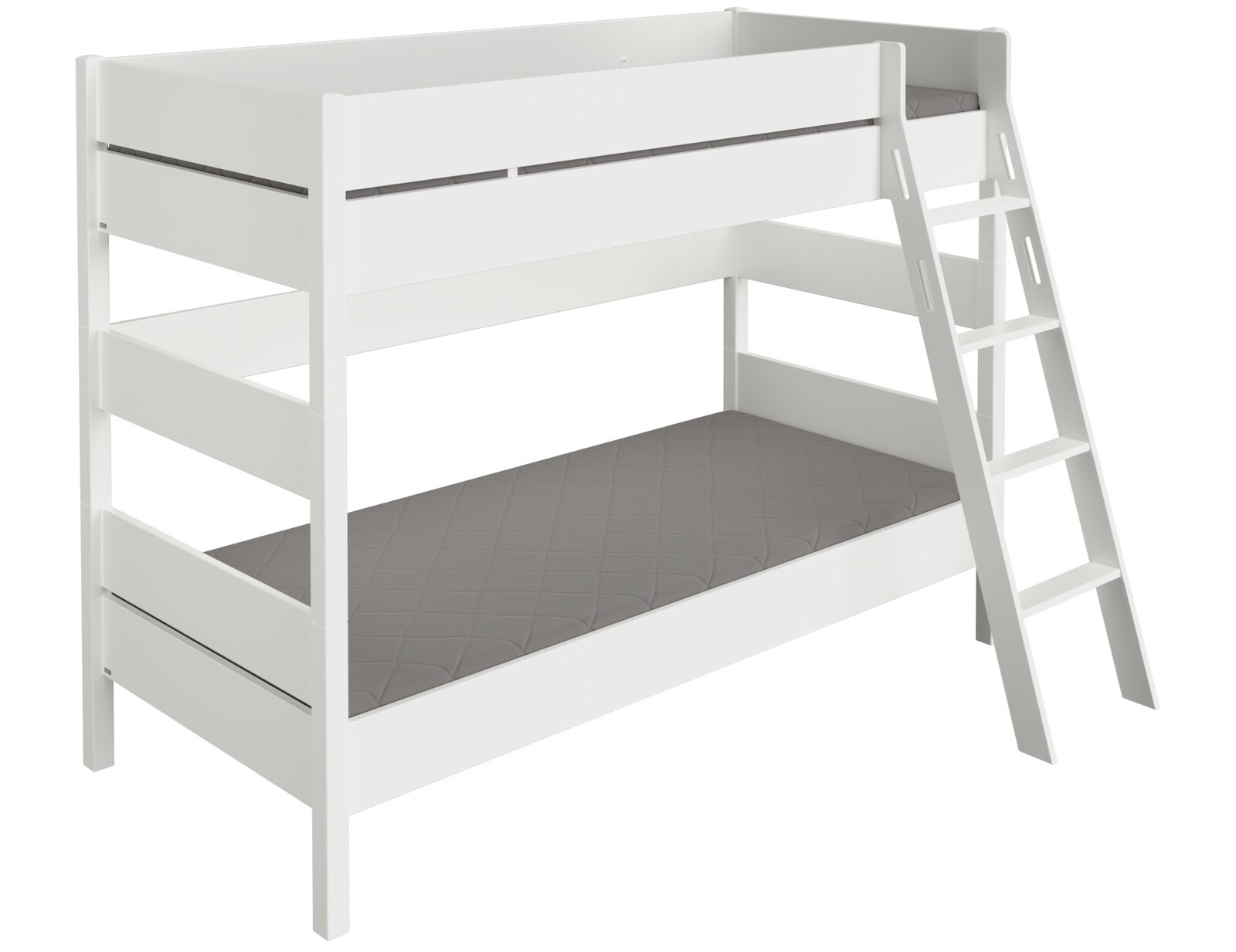 Weißes Etagenbett mit grauen Matratzen und seitlicher Leiter, seitliche Perspektive