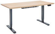 Elektrisch höhenverstellbarer Schreibtisch mit Holzplatte und grauem Metallgestell, seitliche Perspektive
