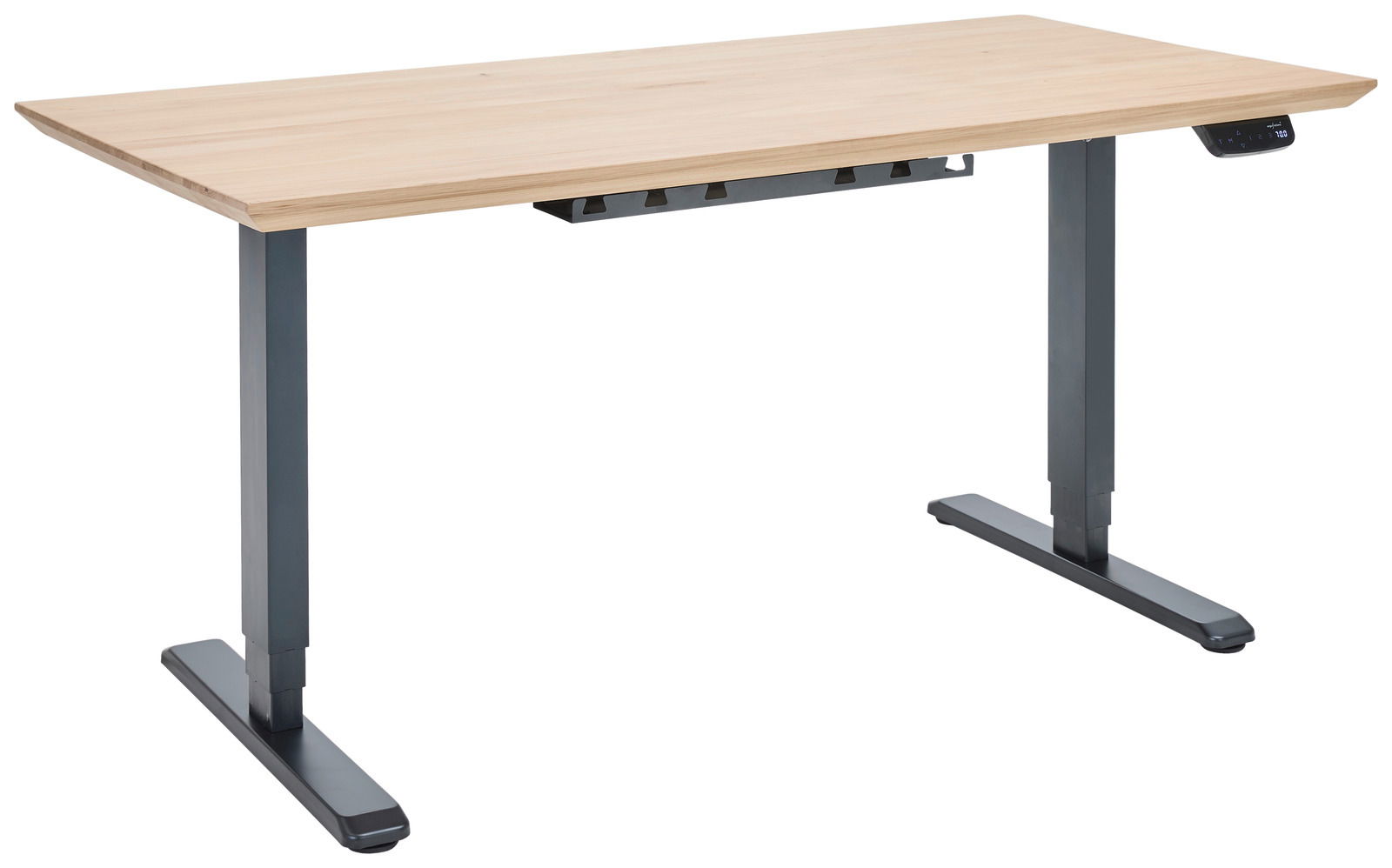 Elektrisch höhenverstellbarer Schreibtisch mit Holzplatte und grauem Metallgestell, seitliche Perspektive