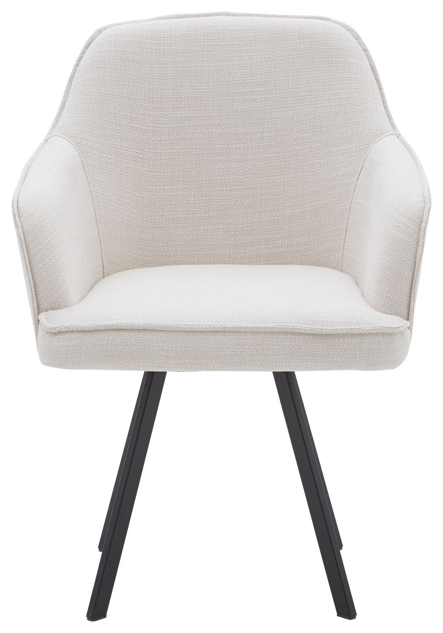 Moderner, cremefarbener Stuhl mit gepolsterter Sitzfläche und schwarzen Metallbeinen, Frontalansicht.