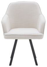 Moderner, cremefarbener Stuhl mit gepolsterter Sitzfläche und schwarzen Metallbeinen, Frontalansicht.