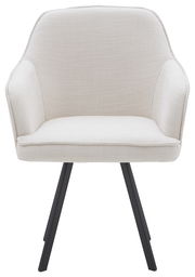 Moderner, cremefarbener Stuhl mit gepolsterter Sitzfläche und schwarzen Metallbeinen, Frontalansicht.