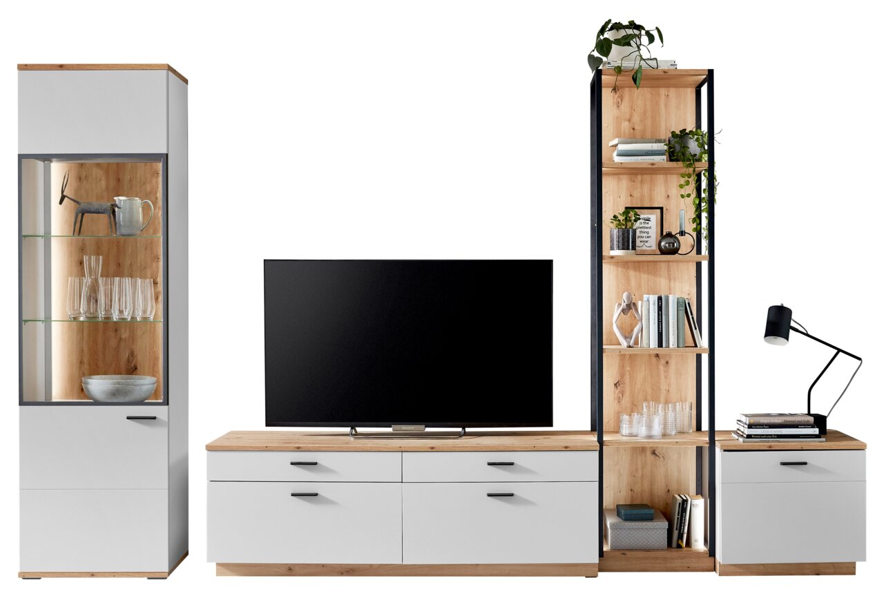 Moderne Wandkombination mit TV-Schrank, Vitrine und Regal in Holzoptik und Weiß, frontal betrachtet.